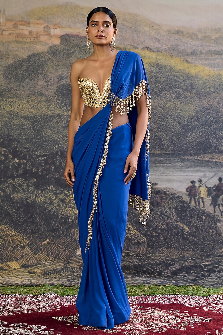 Electric Blue Georgette Pre-Draped Reception Saree Set by ITRH at Pernia's Pop Up Shop