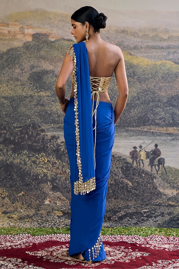 Electric Blue Georgette Pre-Draped Reception Saree Set by ITRH at Pernia's Pop Up Shop