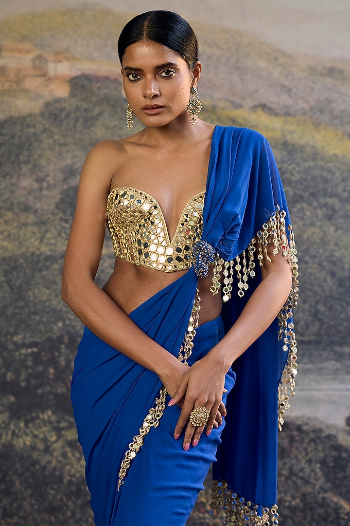 Electric Blue Georgette Pre-Draped Reception Saree Set by ITRH at Pernia's Pop Up Shop