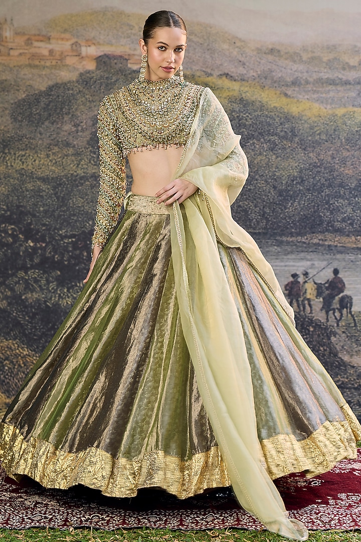 Black & Green Tissue Embroidered Bridal Lehenga Set by ITRH at Pernia's Pop Up Shop