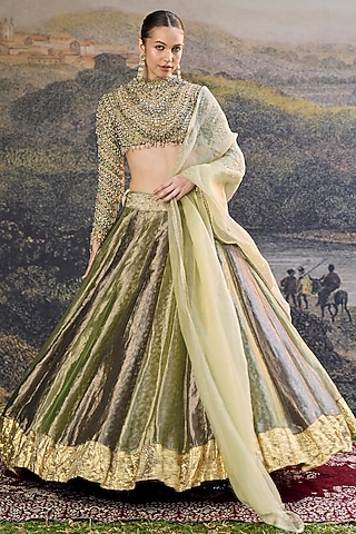 Black & Green Tissue Embroidered Lehenga Set by ITRH