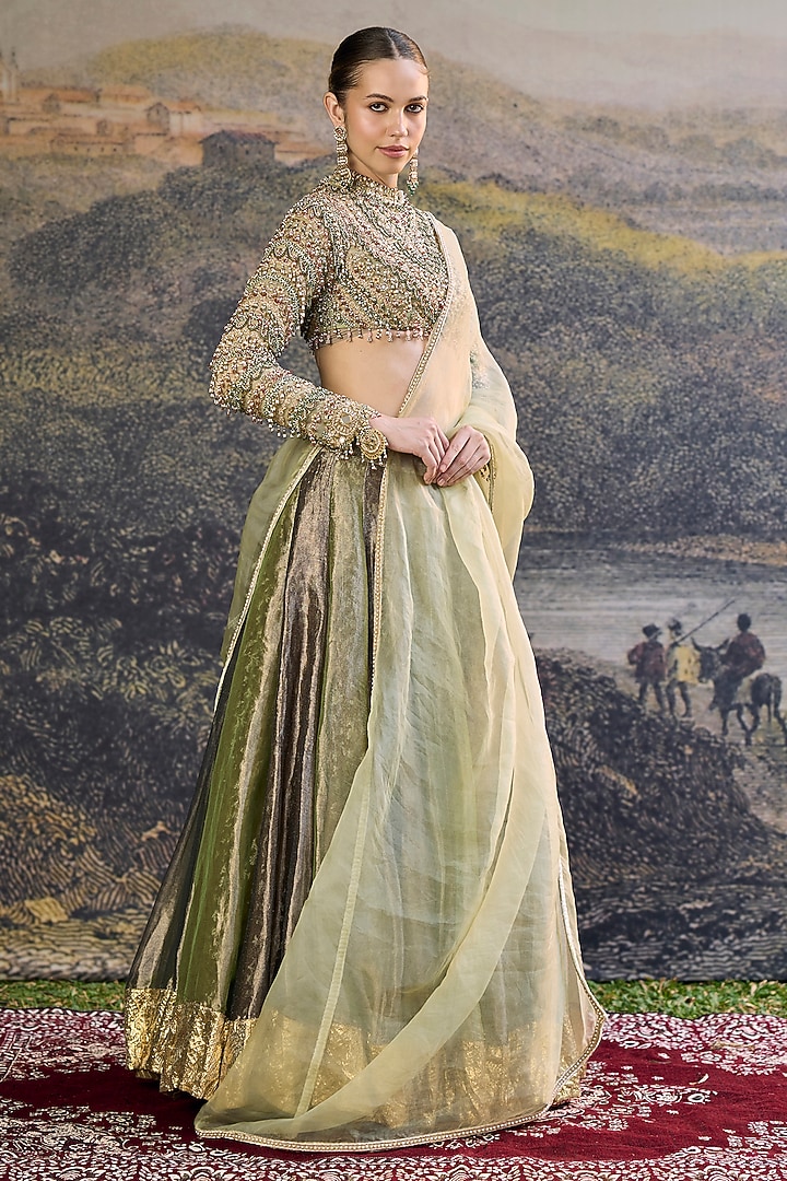 Black & Green Tissue Embroidered Bridal Lehenga Set by ITRH at Pernia's Pop Up Shop