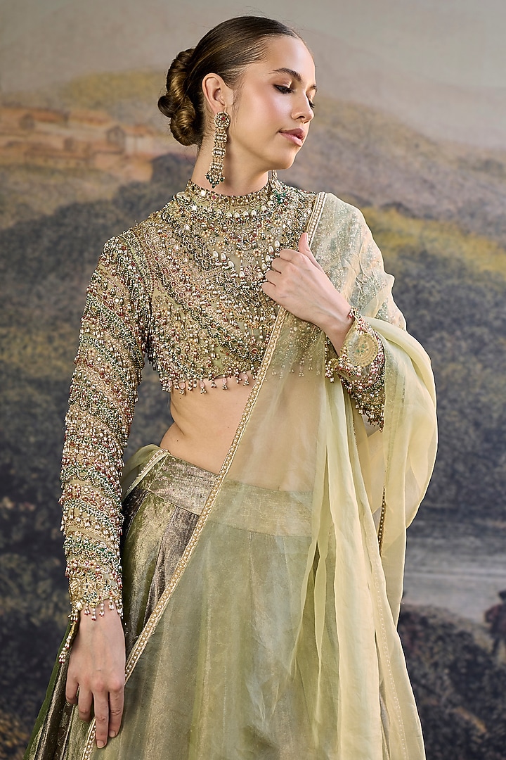 Black & Green Tissue Embroidered Bridal Lehenga Set by ITRH at Pernia's Pop Up Shop