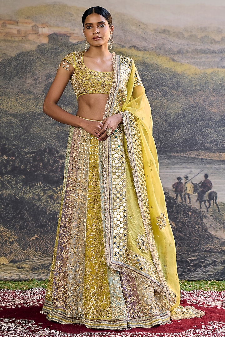 Multi-Colored Organza Mirror Work Layered Bridal Lehenga Set by ITRH at Pernia's Pop Up Shop