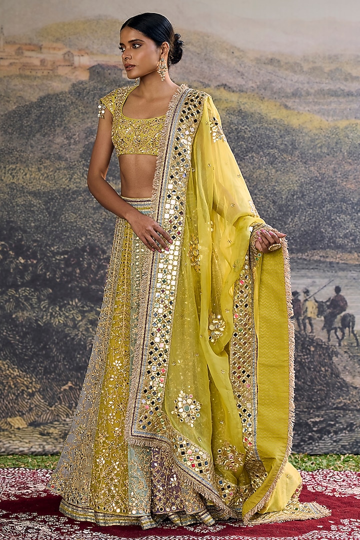 Multi-Colored Organza Mirror Work Layered Bridal Lehenga Set by ITRH at Pernia's Pop Up Shop