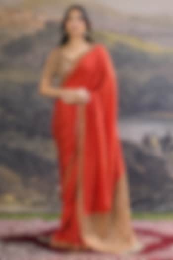 Orange Crepe Hand Embroidered Bridal Saree Set by ITRH at Pernia's Pop Up Shop