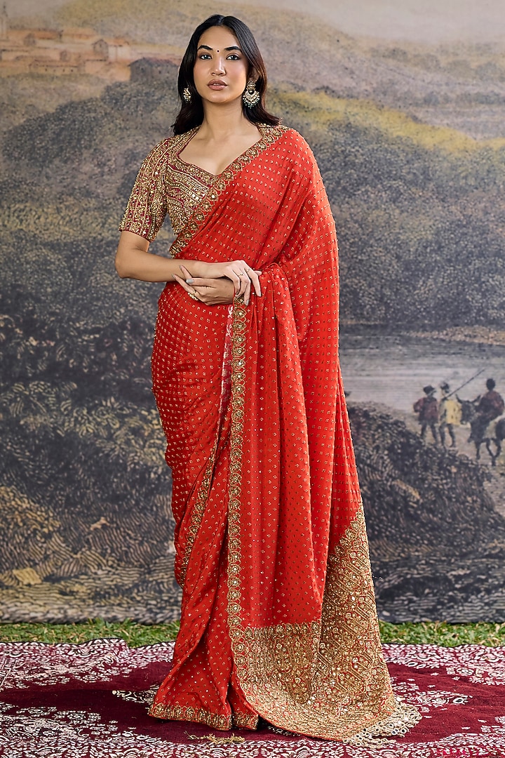 Orange Crepe Hand Embroidered Bridal Saree Set by ITRH at Pernia's Pop Up Shop