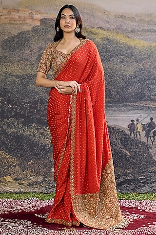 Orange Crepe Hand Embroidered Saree Set by ITRH