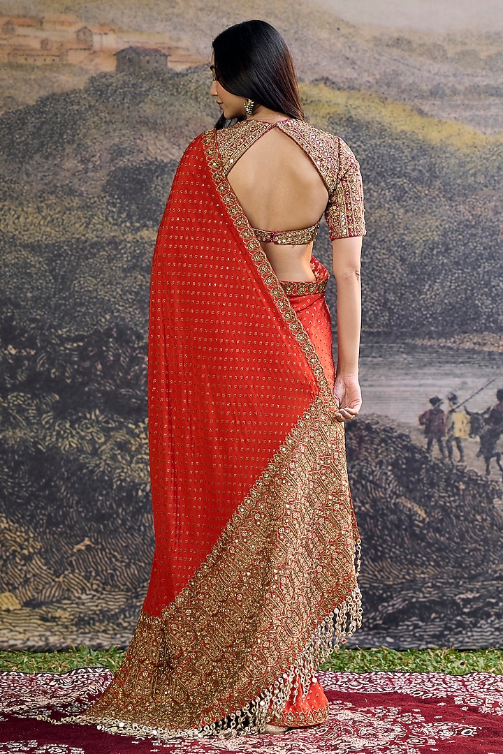 Orange Crepe Hand Embroidered Bridal Saree Set by ITRH at Pernia's Pop Up Shop