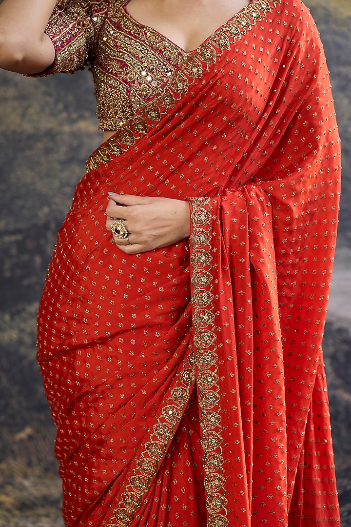 Orange Crepe Hand Embroidered Bridal Saree Set by ITRH at Pernia's Pop Up Shop