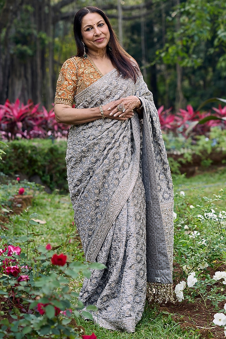 Silver Tissue Hand Embroidered Bridal Saree Set by ITRH at Pernia's Pop Up Shop
