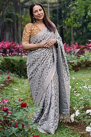 Silver Tissue Hand Embroidered Saree Set by ITRH