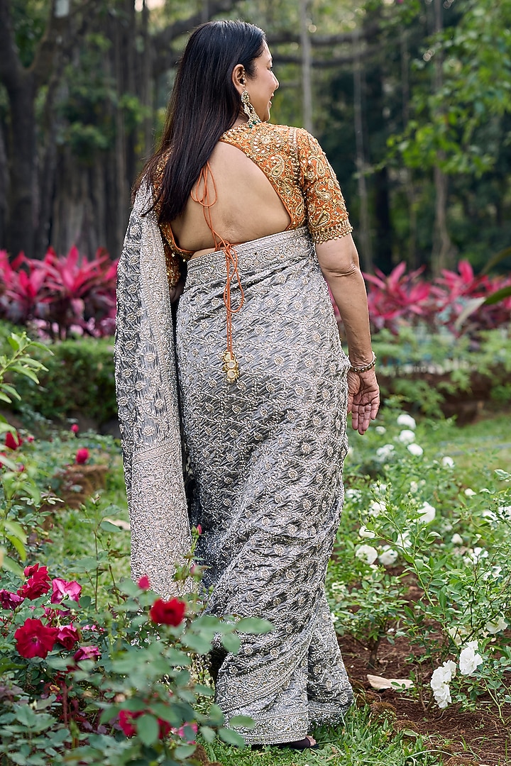 Silver Tissue Hand Embroidered Bridal Saree Set by ITRH at Pernia's Pop Up Shop