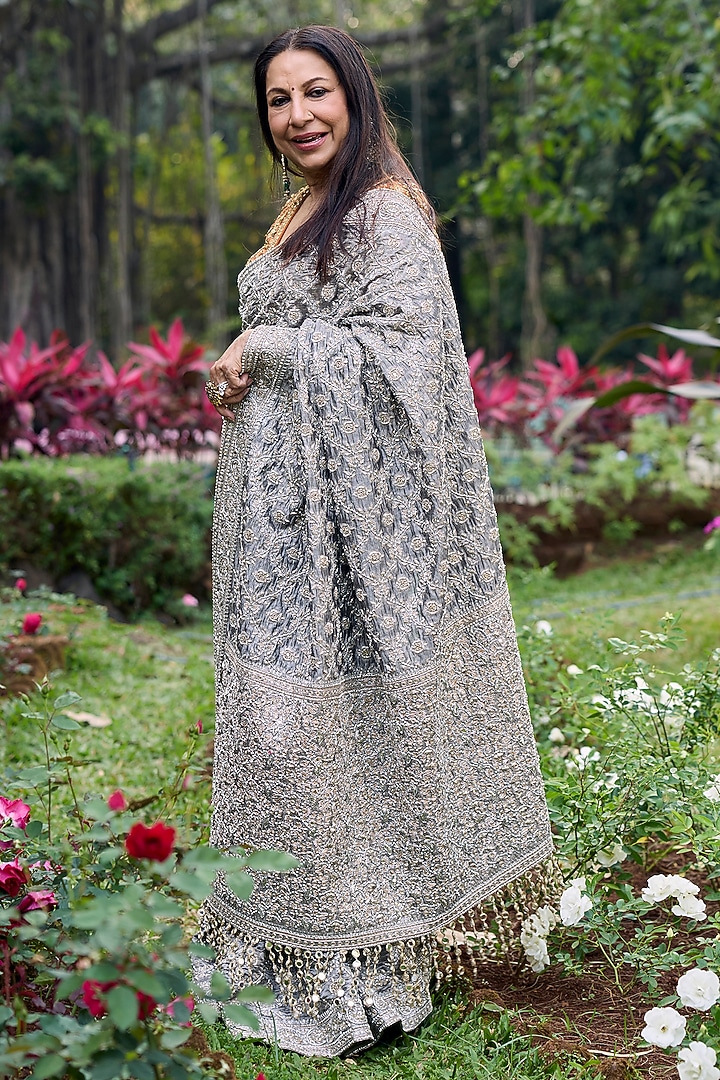 Silver Tissue Hand Embroidered Bridal Saree Set by ITRH at Pernia's Pop Up Shop