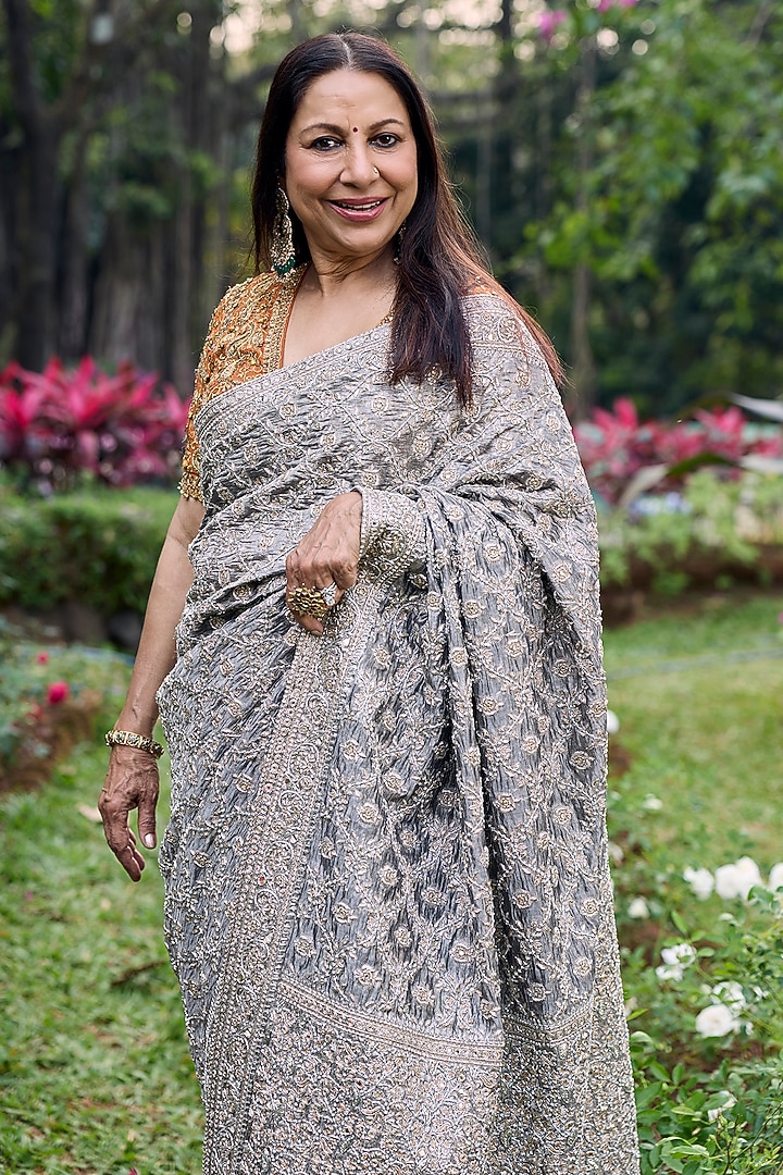 Silver Tissue Hand Embroidered Bridal Saree Set by ITRH at Pernia's Pop Up Shop
