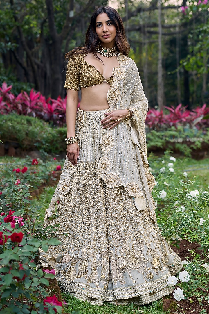 Ivory Organza Embroidered Bridal Lehenga Set by ITRH at Pernia's Pop Up Shop
