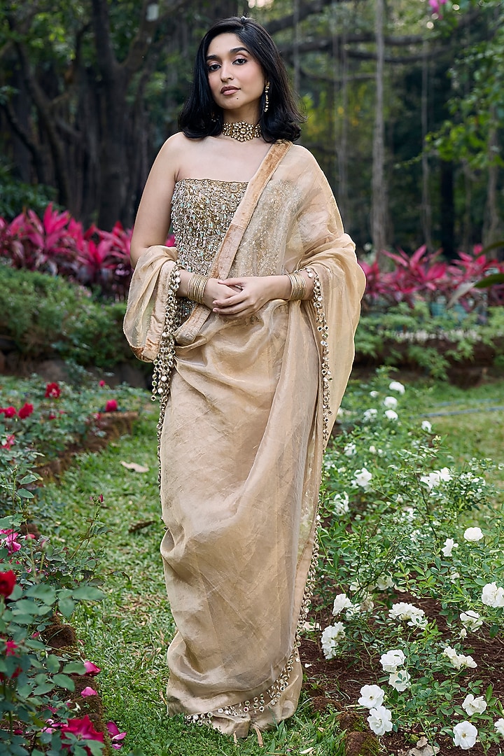 Gold Tissue Embellished Pre-Draped Bridal Saree Set by ITRH at Pernia's Pop Up Shop