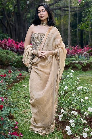 Gold Tissue Embellished Pre-Draped Saree Set by ITRH