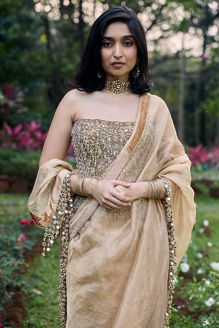 Gold Tissue Embellished Pre-Draped Bridal Saree Set by ITRH at Pernia's Pop Up Shop