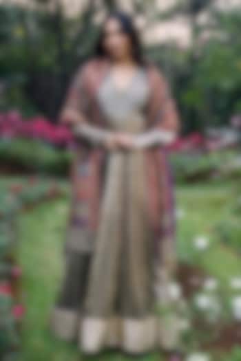 Grey Tissue Angrakha Bridal Anarkali With Dupatta by ITRH at Pernia's Pop Up Shop