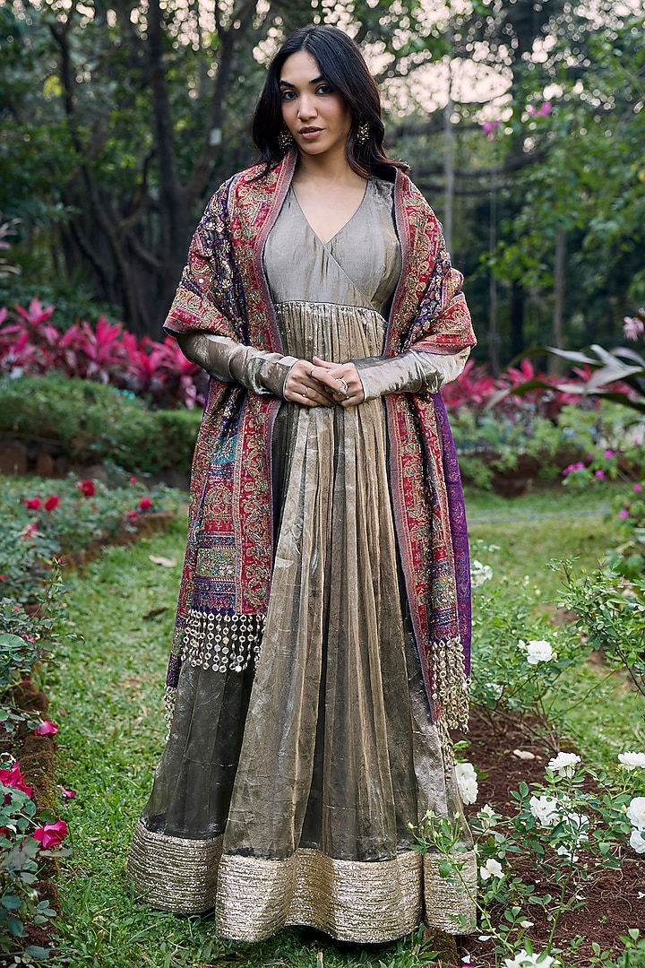 Grey Tissue Angrakha Bridal Anarkali With Dupatta by ITRH at Pernia's Pop Up Shop