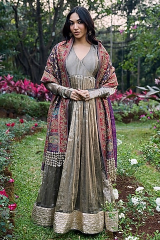 Grey Tissue Angrakha Anarkali With Dupatta by ITRH