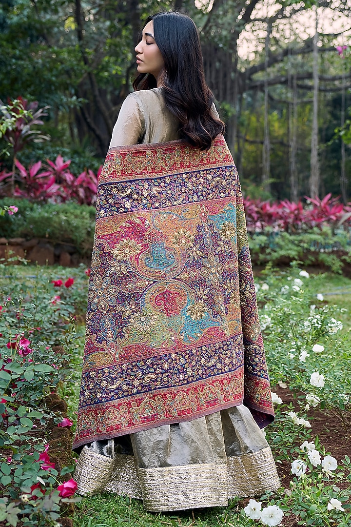 Grey Tissue Angrakha Bridal Anarkali With Dupatta by ITRH at Pernia's Pop Up Shop