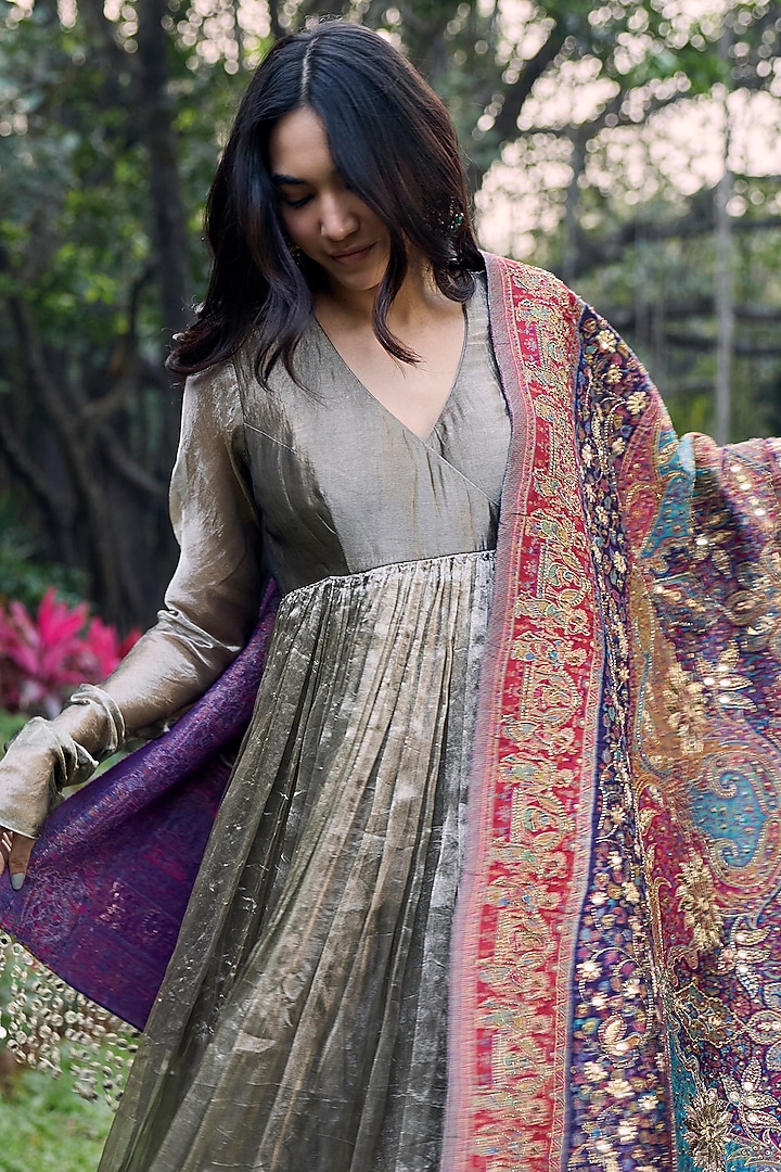Grey Tissue Angrakha Bridal Anarkali With Dupatta by ITRH at Pernia's Pop Up Shop