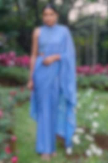 Blue Net Crystal Work Pre-Draped Bridal Saree Set by ITRH at Pernia's Pop Up Shop