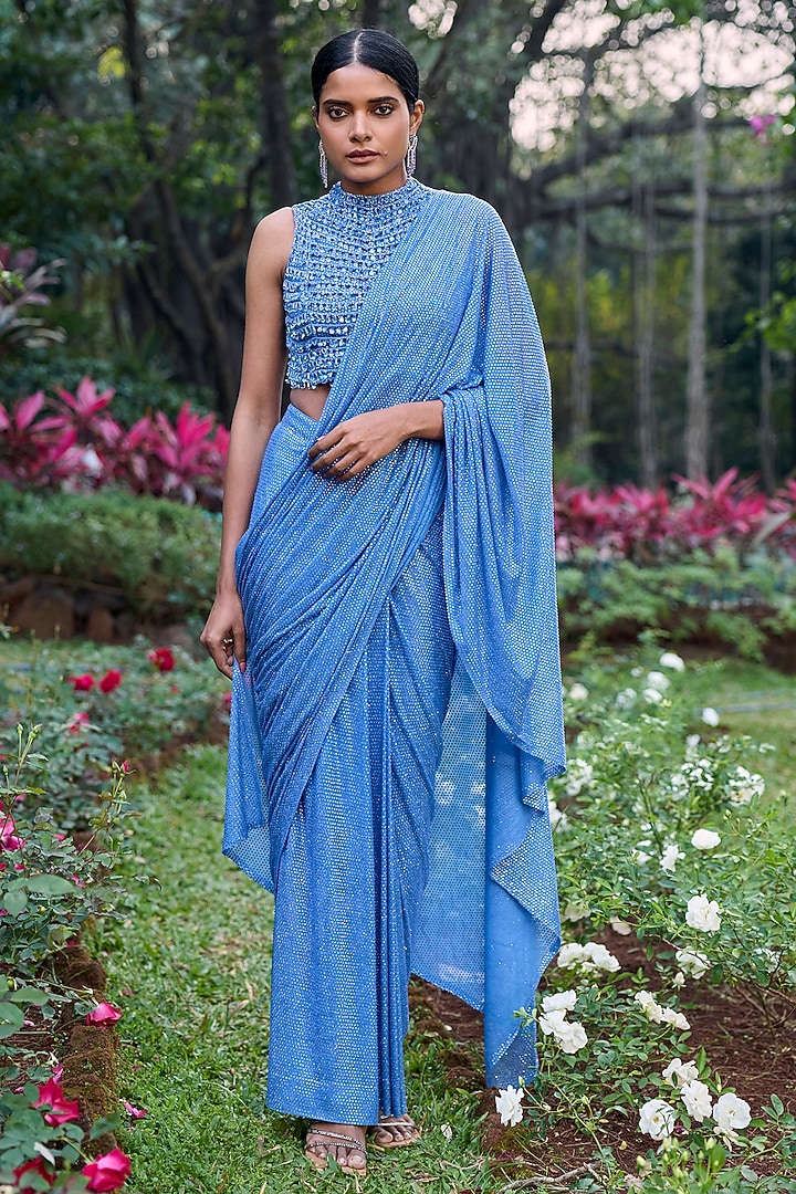 Blue Net Crystal Work Pre-Draped Bridal Saree Set by ITRH at Pernia's Pop Up Shop