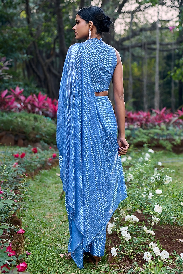 Blue Net Crystal Work Pre-Draped Bridal Saree Set by ITRH at Pernia's Pop Up Shop