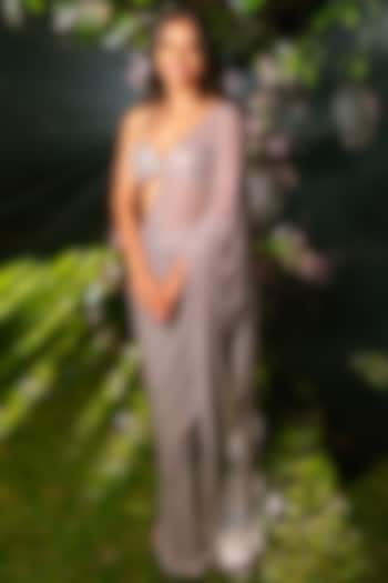 Gold & Silver Sheer Net Crystal Embellished Striped Pre-Draped Bridal Saree Set by ITRH at Pernia's Pop Up Shop