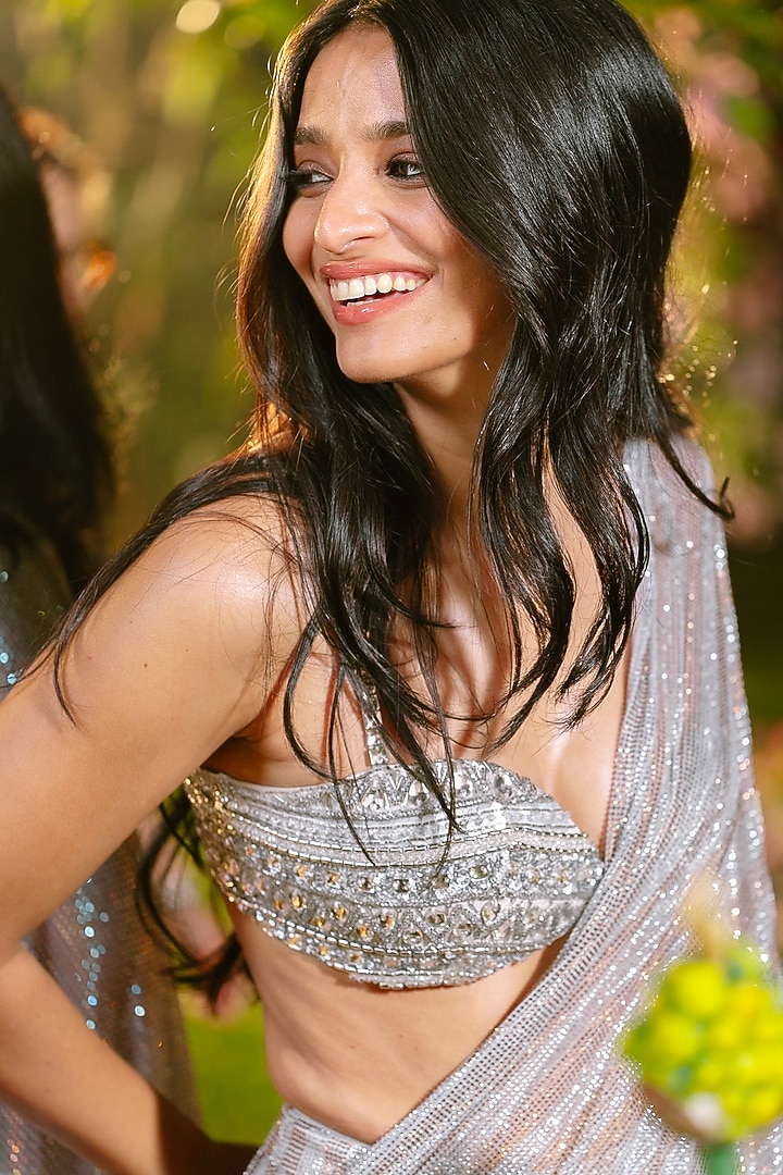 Gold & Silver Sheer Net Crystal Embellished Striped Pre-Draped Bridal Saree Set by ITRH at Pernia's Pop Up Shop