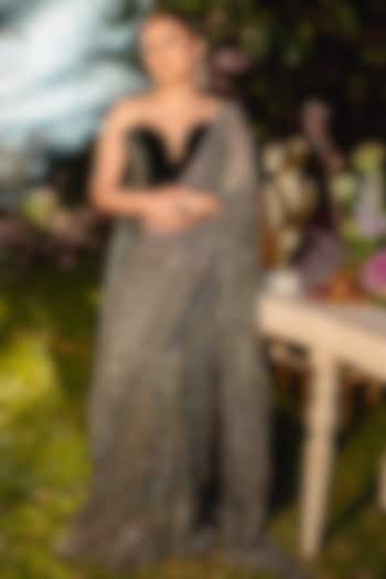 Silver Net Swarovski Crystal Work Pre-Draped Bridal Saree Set by ITRH at Pernia's Pop Up Shop