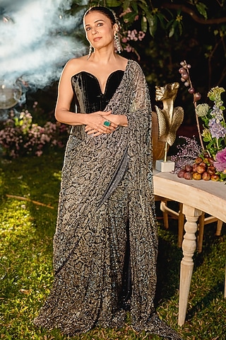 Silver Net Swarovski Crystal Work Pre-Draped Saree Set by ITRH