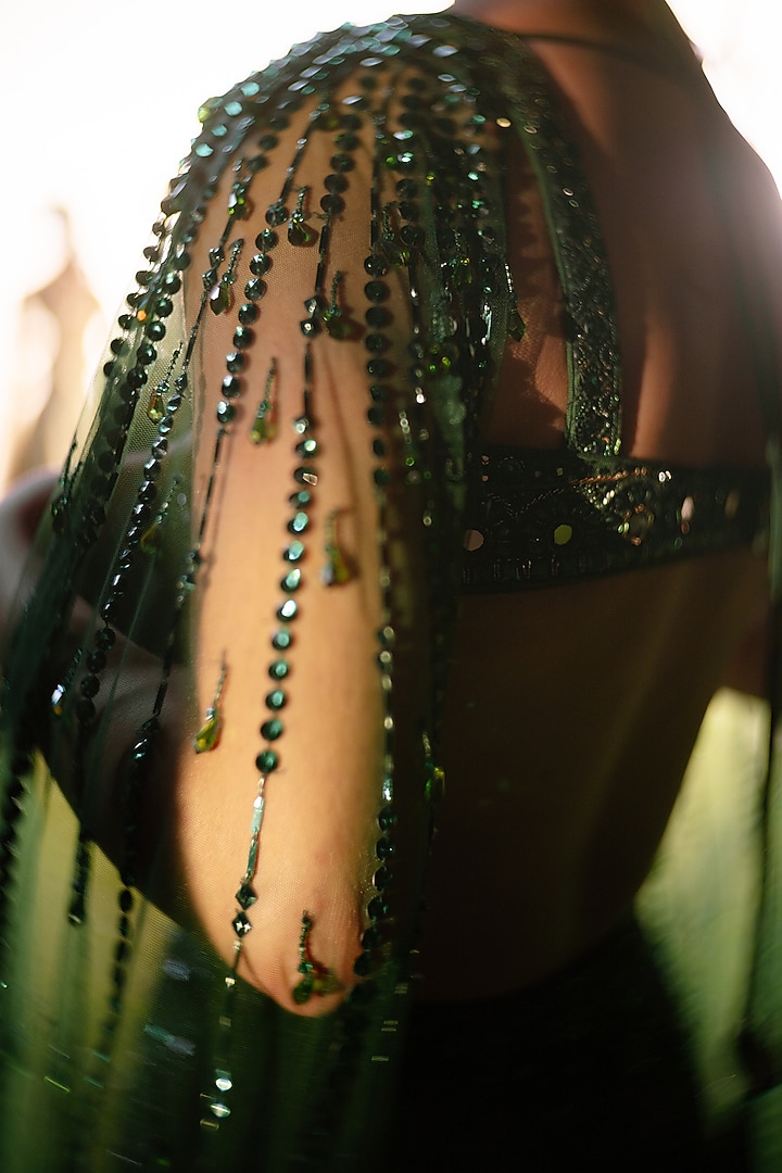 Emerald Green Net Cape Bridal Lehenga Set by ITRH at Pernia's Pop Up Shop