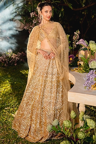 Gold Net Lehenga Set by ITRH