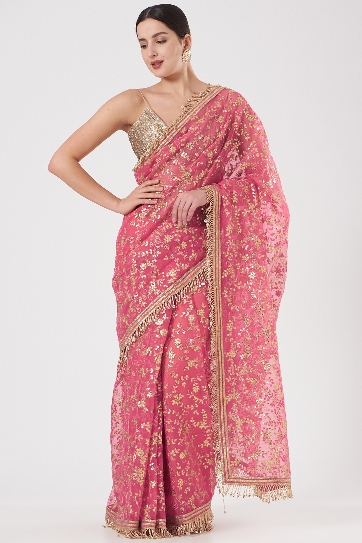 Buy Geroo Jaipur Pink Gota Patti Hand Embroidered Silk Saree online