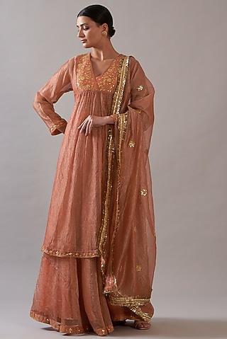 Peach Tissue Embroidered Kurta Set by ITRH