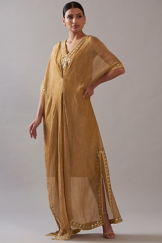 Mustard Tissue Embroidered Kaftan by ITRH