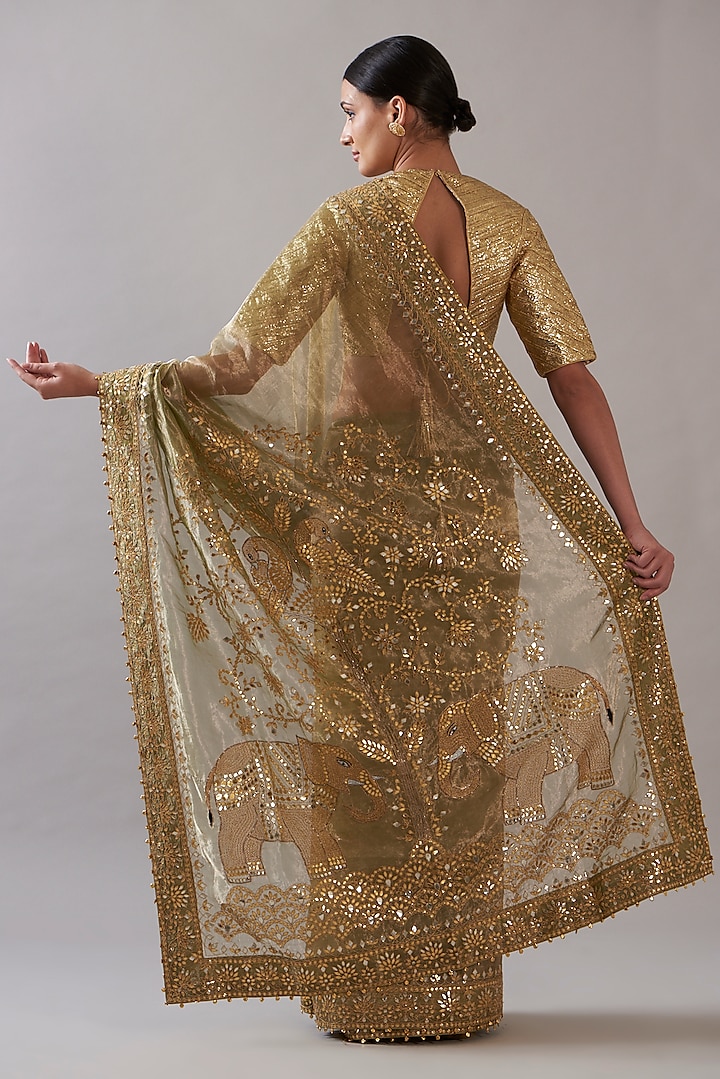 Mint Green Tissue Embroidered Bridal Saree Set by ITRH at Pernia's Pop Up Shop