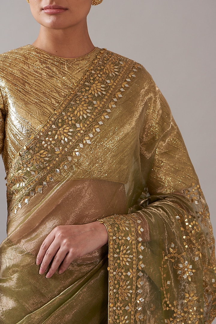 Mint Green Tissue Embroidered Bridal Saree Set by ITRH at Pernia's Pop Up Shop