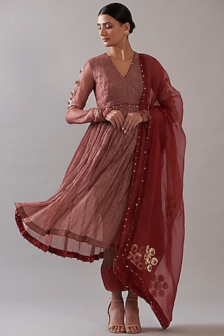 Deep Red Tissue Embroidered Angrakha Kurta Set by ITRH