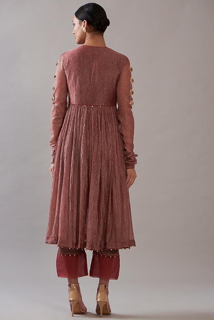 Deep Red Tissue Embroidered Angrakha Kurta Set by ITRH at Pernia's Pop Up Shop
