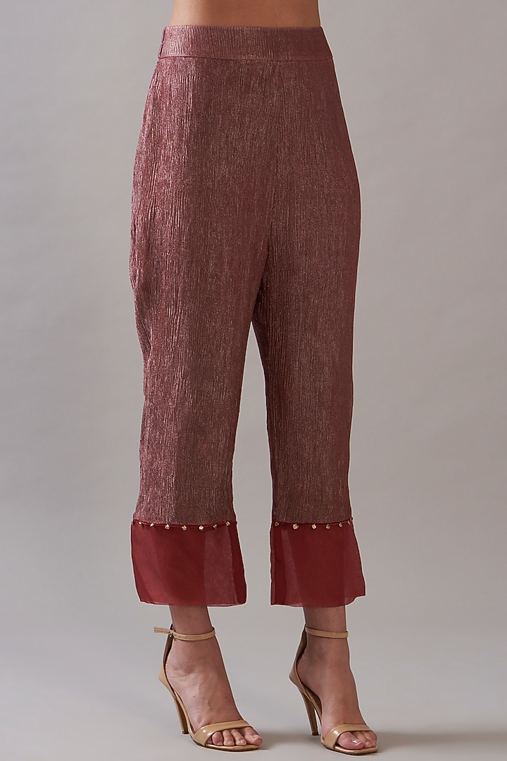 Deep Red Tissue Embroidered Angrakha Kurta Set by ITRH at Pernia's Pop Up Shop