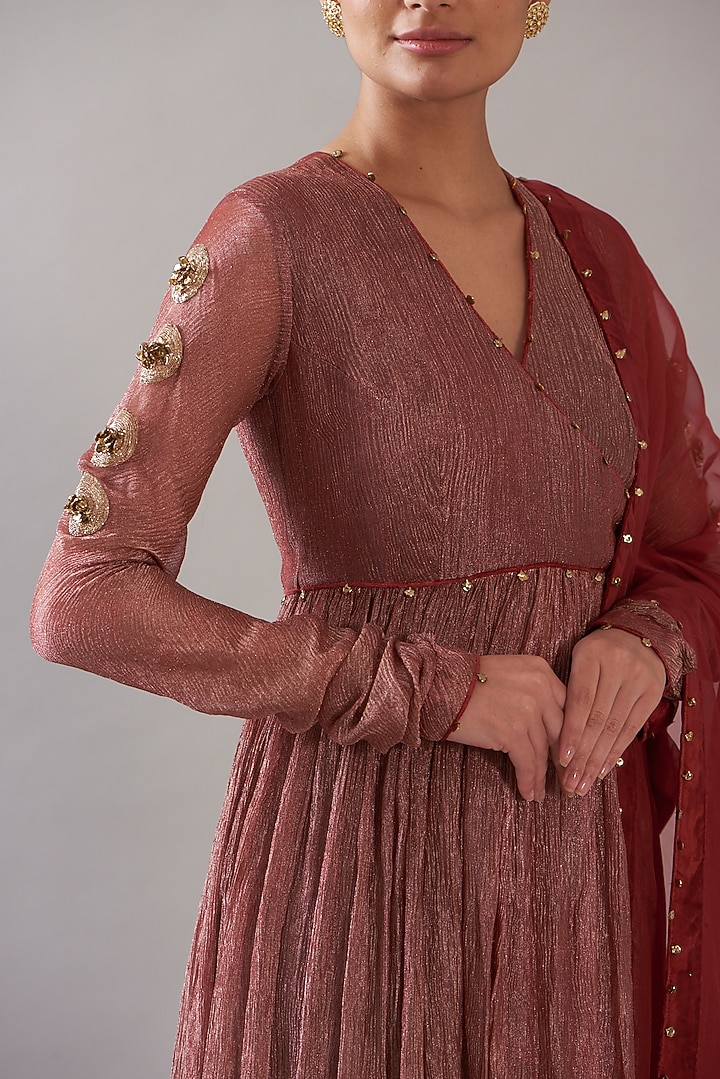 Deep Red Tissue Embroidered Angrakha Kurta Set by ITRH at Pernia's Pop Up Shop