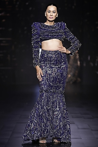 Blue Net Crystal Embellished Fish-Cut Lehenga Set by ITRH