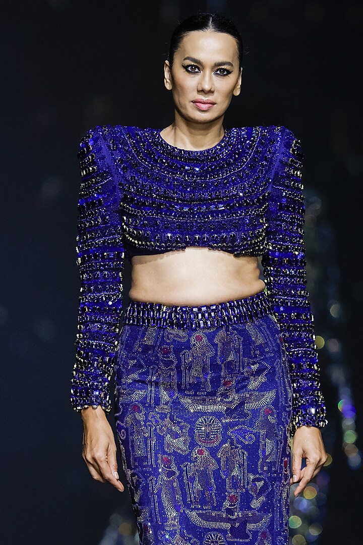 Blue Net Crystal Embellished Fish-Cut Bridal Lehenga Set by ITRH at Pernia's Pop Up Shop