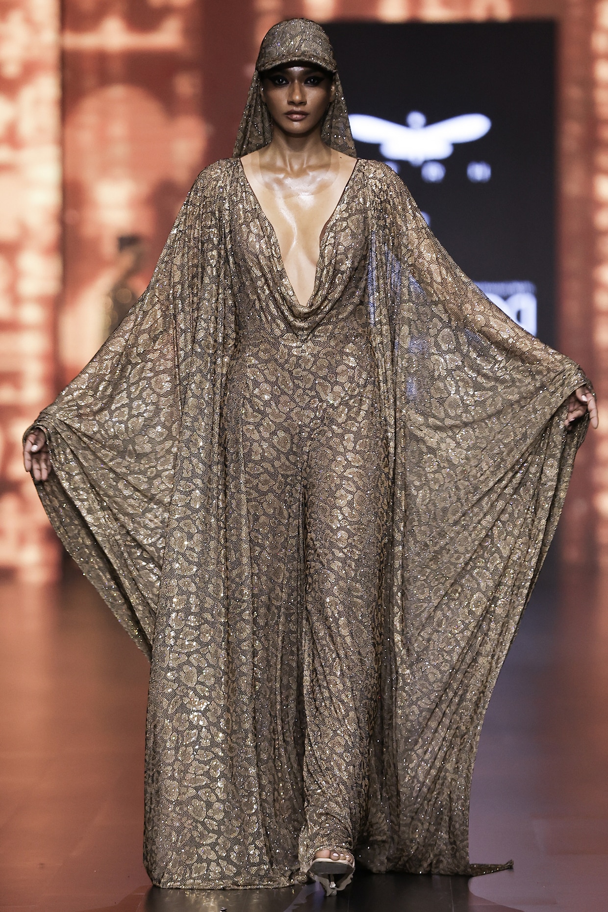 Brown Net Printed Crystal Embellished Jumpsuit Kaftan by ITRH at Pernia s Pop Up Shop 2024