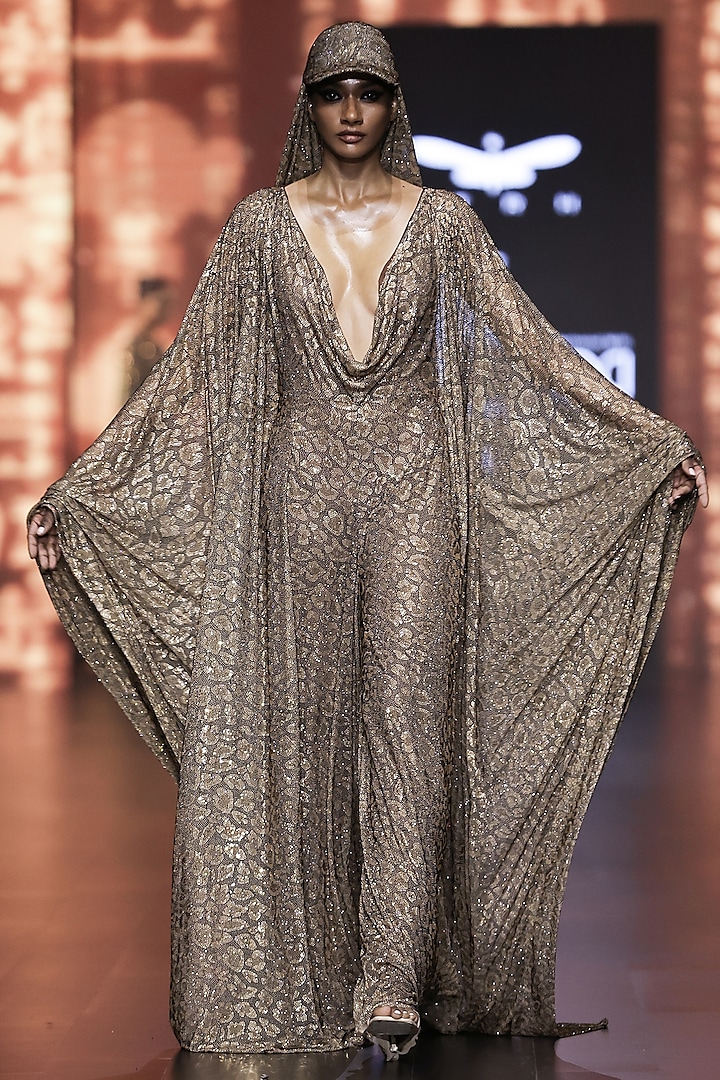 Brown Net Printed & Crystal Embellished Jumpsuit Kaftan by ITRH